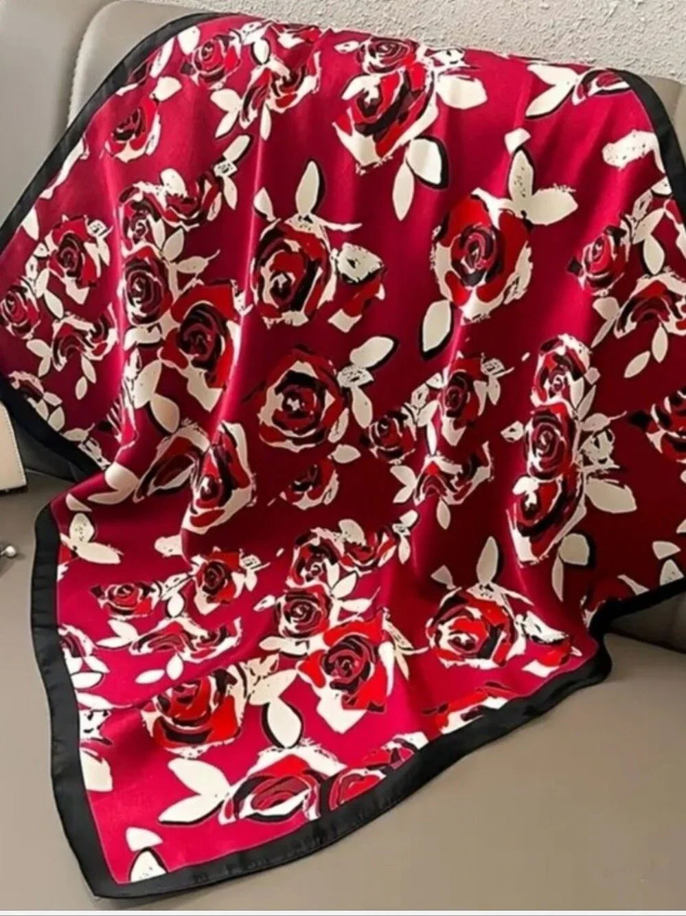 Silk-feel Floral Rose Print  Scarf - Red & White with Black Trim